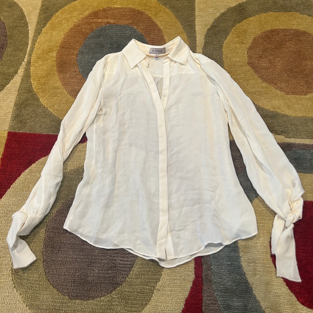 El Ganso Off White Tie Sleeve Sheer Thin Button Down Blouse Top Women’s Small